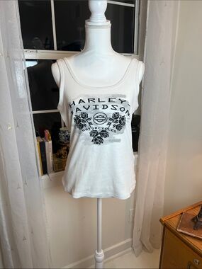 Harley-Davidson White Tank Top with Black Floral Logo size medium.